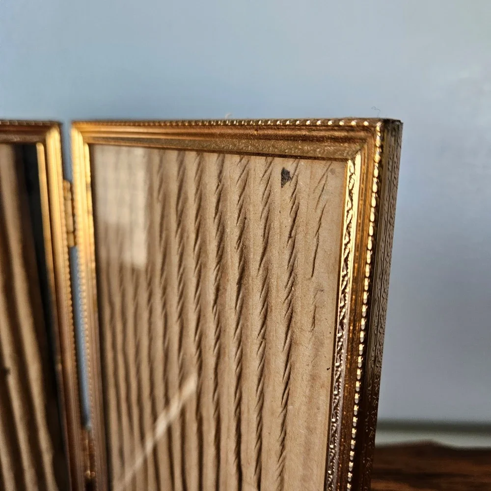 Vintage Gold Tone Metal Folding Double Picture Frame Ornate Floral Embossed 8x10